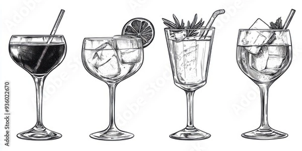 Obraz Black and white Vintage engraved art of set of cocktail drinks glasses, isolated on white background, ink sketch illustration, simple vector art design, highly detailed line art, high contrasty 