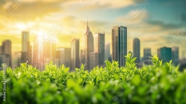 Fototapeta Green city technology shifting towards sustainable alteration concept by clean energy , recycling and zero waste management to reduce pollution generation and achieve ESG goals .