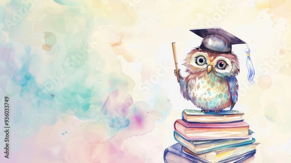 Obraz Cute owl in graduation cap holding diploma, perched on stack of books, watercolor background