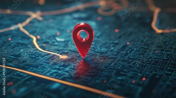 Fototapeta Red map pin positioned on a high-tech, interactive road map display. -