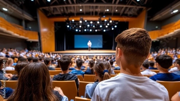 Fototapeta School assembly in an auditorium, students seated and a principal speaking on stage.