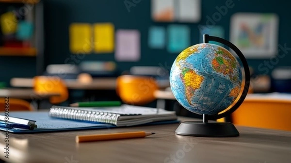 Fototapeta School classroom with a globe, maps, and geography lessons in progress.