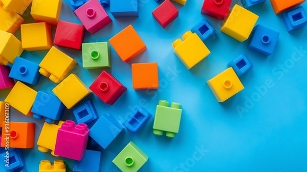 Fototapeta Buildable colored plastic blocks to play isolated on colorful background