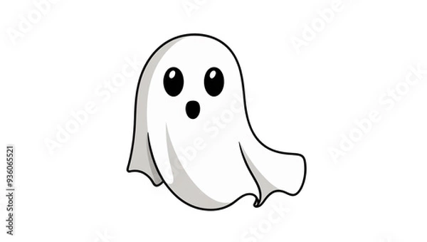 Fototapeta Cartoon ghost with rounded shape, sheet-like appearance, large black eyes, small mouth, black outline, white background, clean, minimalistic, playful design, generative AI