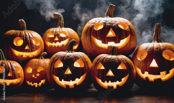 Fototapeta Several carved pumpkins with lit candles inside are arranged on a table with a smoky background