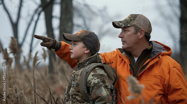 Obraz Father pointing and guiding his son on his first deer hunt.