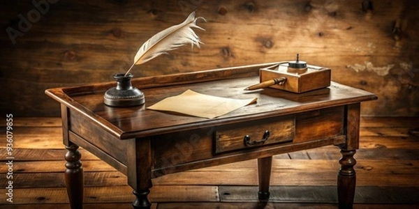 Fototapeta Vintage wooden playwright desk with ink stains, papers scattered, and quill pen on top
