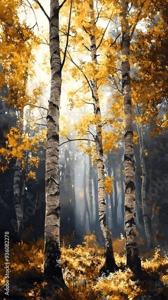 Fototapeta Ethereal Autumn Birch Canopy in Serene Mist Shrouded Glen with Chiaroscuro Lighting