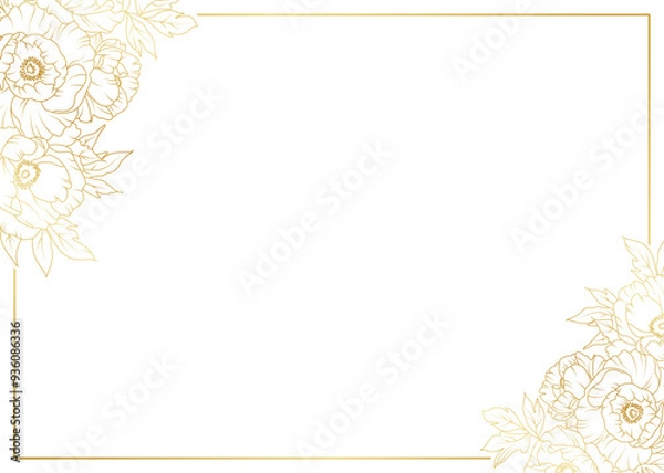 Obraz Luxury gold peony flowers border frame background. Floral pattern tropical in line art style for greeting, invitation, wedding card, wall art, wallpaper and print. Vector illustration