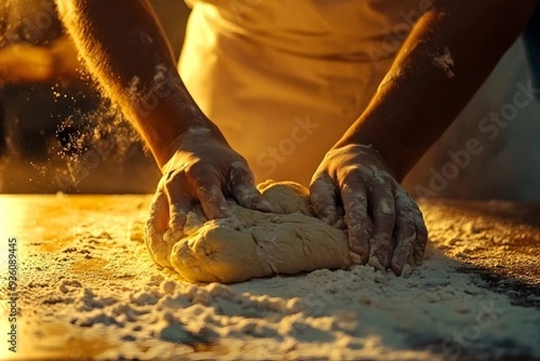Fototapeta a baker’s hands kneading dough on a floured countertop, with a warm light illuminating the scene
