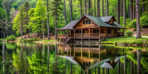 Obraz A serene log cabin nestled in the forest by Lake Santeetlah, North Carolina