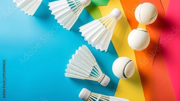 Fototapeta close up top view of white shuttlescocks isolated on colorful background