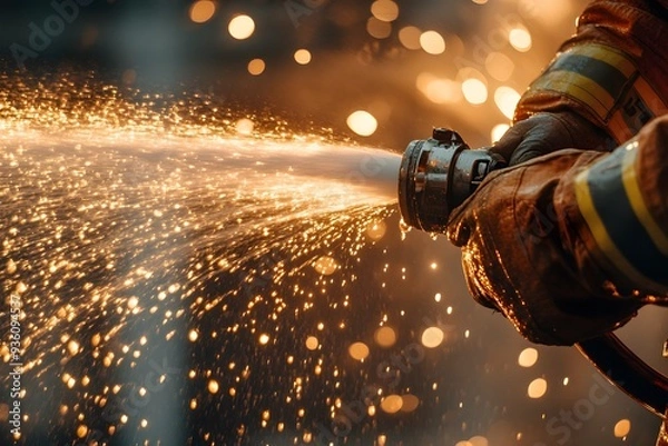 Obraz a firefighter's hands holding a fire hose nozzle during a training exercise, illustrating strength and preparedness