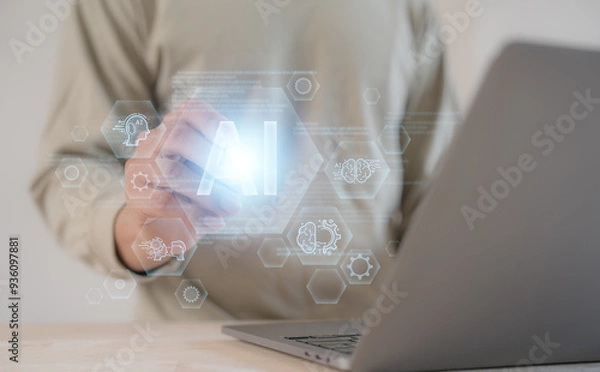 Fototapeta businessman using Ai technology in business by artificial intelligence,  smart robot AI, Futuristic technology transformation, using AI technology for developing running business on cloud computing