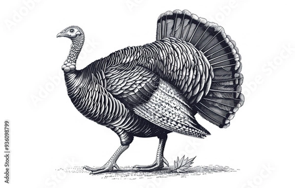 Fototapeta Turkey, sketch. Vintage retro print, turkey sketch ink pencil style drawing, linear drawing for Thanksgiving Day, engrave old school. Sketch artwork silhouette turkey. Side view profile. Illustration