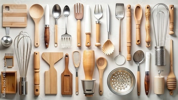Fototapeta Various kitchen utensils neatly arranged on a white background