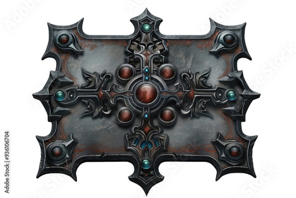 Fototapeta Intricate fantasy shield design featuring ornate details, gemstones, and a dark metallic finish, ideal for video game artwork.