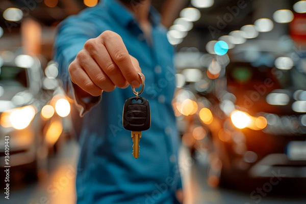 Fototapeta Unrecognizable car dealership sales agent handing buyer the key to the car behind him. Point of view of customer buying a brand new car. Close up.