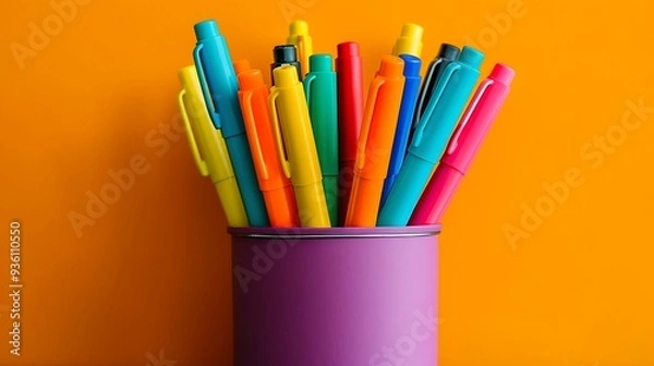 Obraz Color markers in colorful container isolated on colorful background