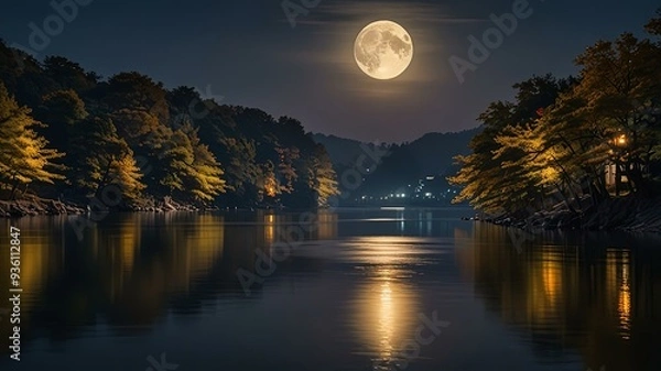 Obraz 中秋の名月が映える川辺の夜