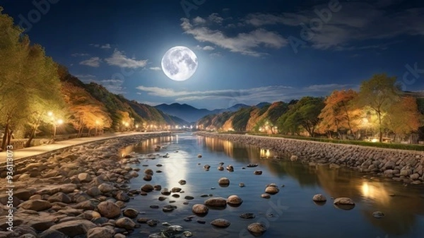 Obraz 中秋の名月が映える川辺の夜