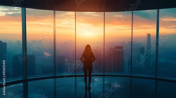 Obraz Content Employee Relishing Panoramic Vista from High-Rise Office.