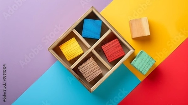 Fototapeta Colored wooden cubes in a box isolated on colorful background
