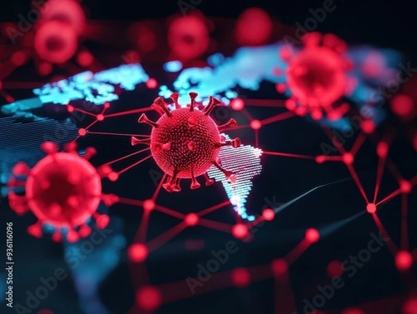 Obraz Virus spread visualization, map with hot zones, 3D illustration