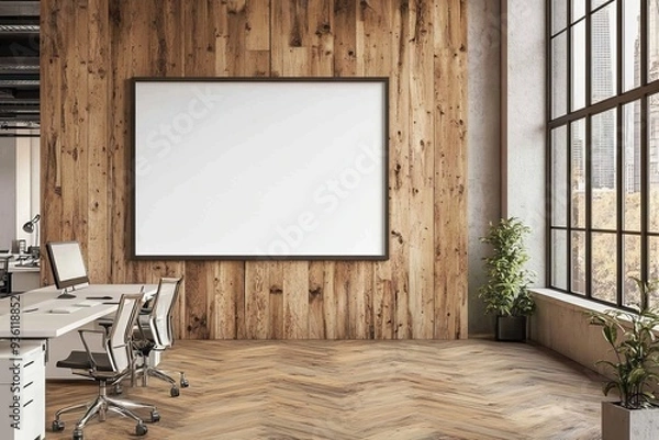 Fototapeta An interior of a wooden business with a desk and sideboard. Mockup frame included.