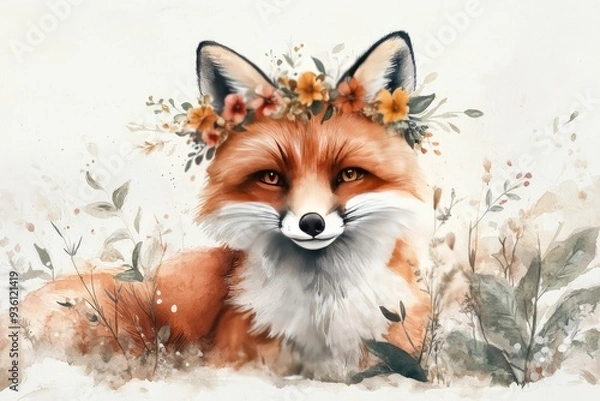 Fototapeta Watercolor Painting of a Red Fox with Flower Crown