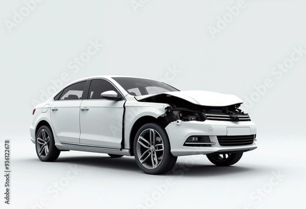 Obraz Front of white modern car crash accident isolated on white background. protect, insure, broken, damaged, copy space, life insurance, 3d rendering
