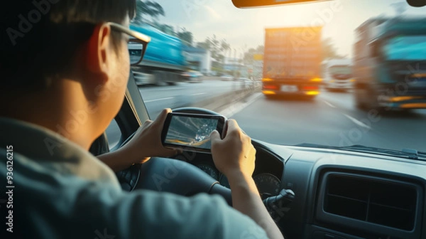 Fototapeta Driver using smartphone while driving.