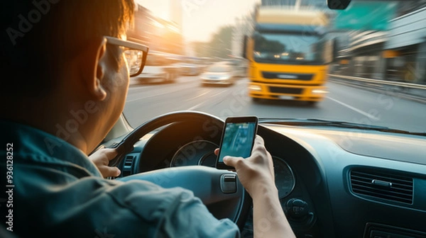 Fototapeta Driver using smartphone while driving.
