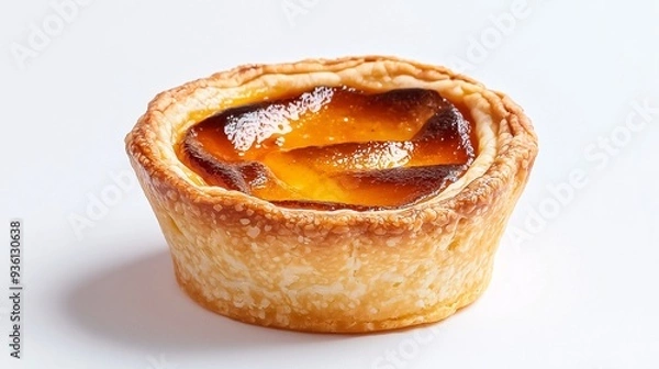 Fototapeta Golden Egg Tart: A single, perfectly baked egg tart, its golden crust glistening with a rich, custardy filling. The tart is shot from above, set against a pristine white background