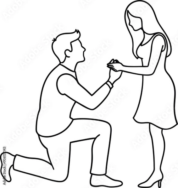 Fototapeta A man kneeling proposing to a womanline art illustration