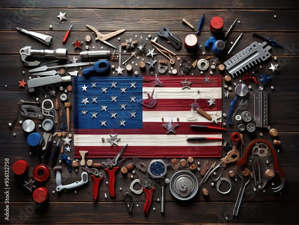 Fototapeta Attractive Tools hardhat toolbelt and us flag on wooden background labor day banner mockup