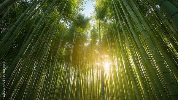 Fototapeta A forest of bamboo trees with the sun shining through the leaves 