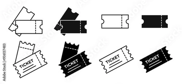 Fototapeta Tickets icon set in filled and outlined black color, isolated on white background with various styles.