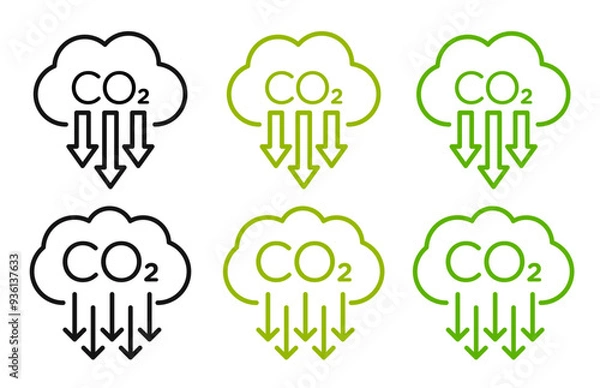 Fototapeta Reduce CO2 gas icon set in green and black colors. Zero carbon emissions symbols. Carbon reduction cloud pictogram. Cut CO2 sign with low carbon footprint and zero greenhouse gas logos