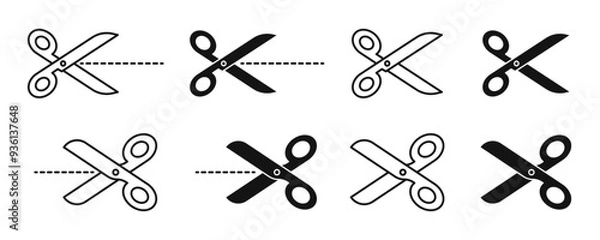 Fototapeta Scissor line icon set. Coupon dotted cutout scissor vector symbol. Paper dash cut mark