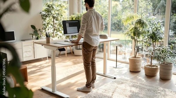 Fototapeta Person using a standing desk in a bright home office, health through ergonomic design, modern workspace