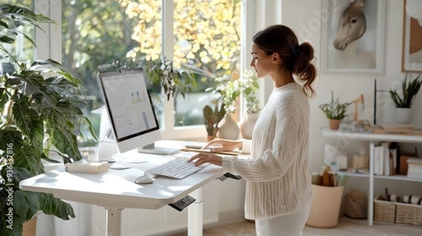 Fototapeta Person using a standing desk in a bright home office, health through ergonomic design, modern workspace