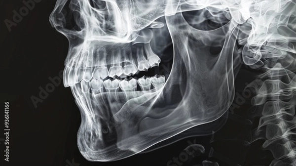 Fototapeta A transparent maxillofacial skeleton image exhibits jaw and teeth details against a dark background, suggesting a misalignment and eerie ambiance.