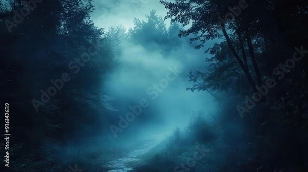 Fototapeta Spooky fog rolling through a dark forest, obscuring the path ahead, Mysterious, Cool Tones, Atmospheric