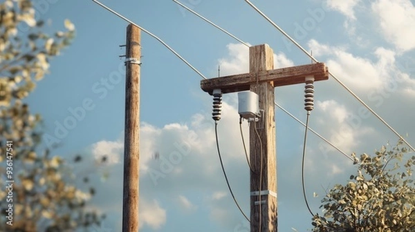 Fototapeta 17. A rural electrical grid setup with wooden poles and insulated wires