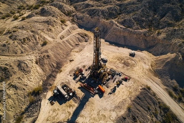 Fototapeta Aerial view of a large oil drilling rig operating in a remote desert landscape, surrounded by rugged terrain and machinery under a clear sky...