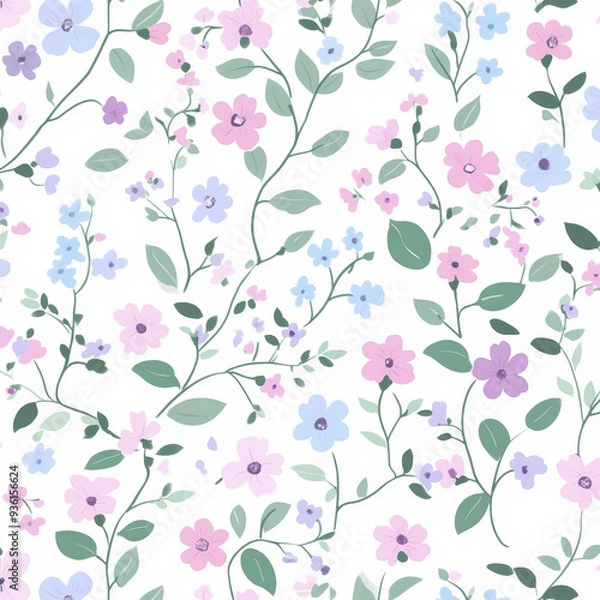 Fototapeta Seamless, Floral pattern, Hand-drawn flowers, Pastel colors, Minimalist design, Cute flowers, Soft colors, Simple drawing, White background, Negative space, Decorative design, Vector pattern