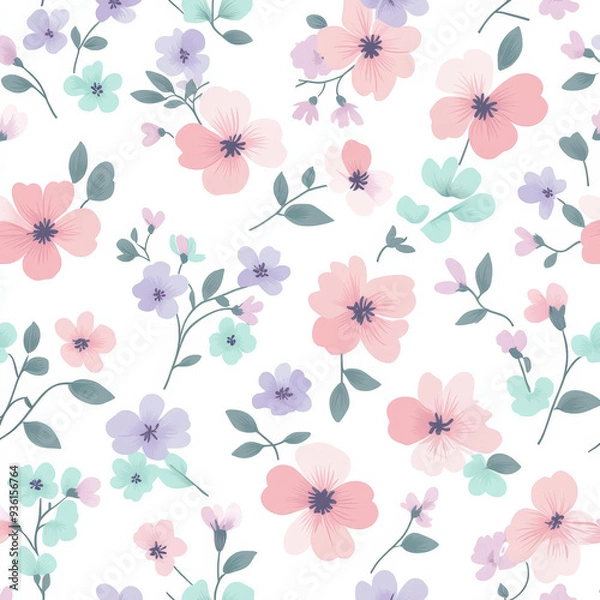 Fototapeta Seamless, Floral pattern, Hand-drawn flowers, Pastel colors, Minimalist design, Cute flowers, Soft colors, Simple drawing, White background, Negative space, Decorative design, Vector pattern