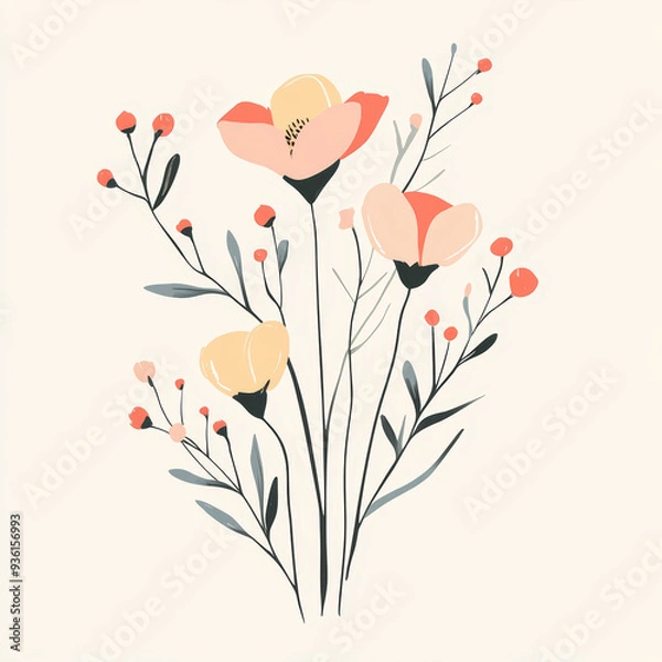 Fototapeta Seamless, Floral pattern, Hand-drawn flowers, Pastel colors, Minimalist design, Cute flowers, Soft colors, Simple drawing, White background, Negative space, Decorative design, Vector pattern