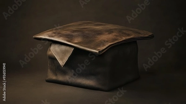 Fototapeta A brown leather box with a lid, on a dark background. The lid is slightly ajar, revealing the interior.